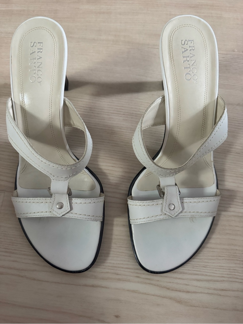 Franco Sarto Cream Leather Mid-Heel Sandals